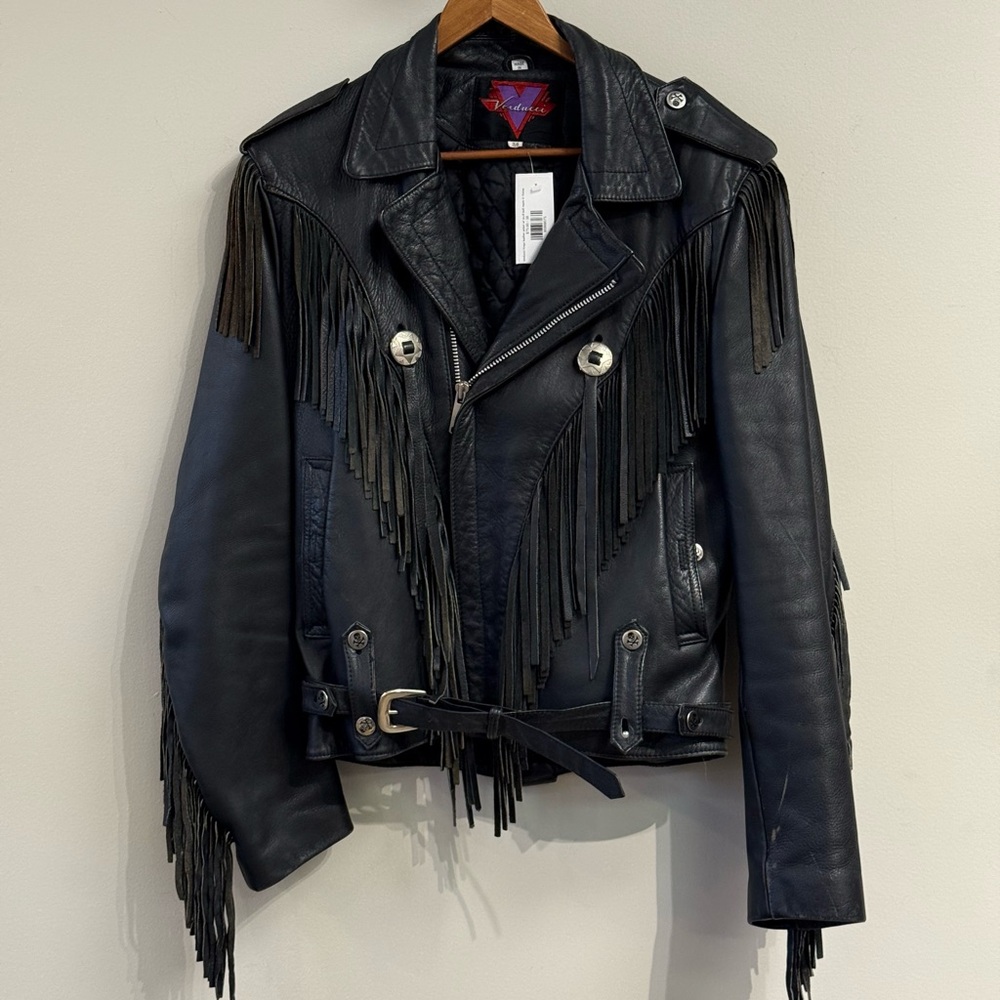 Verducci size 38 black leather fringe moto jacket skull buttons - Picture 1 of 15